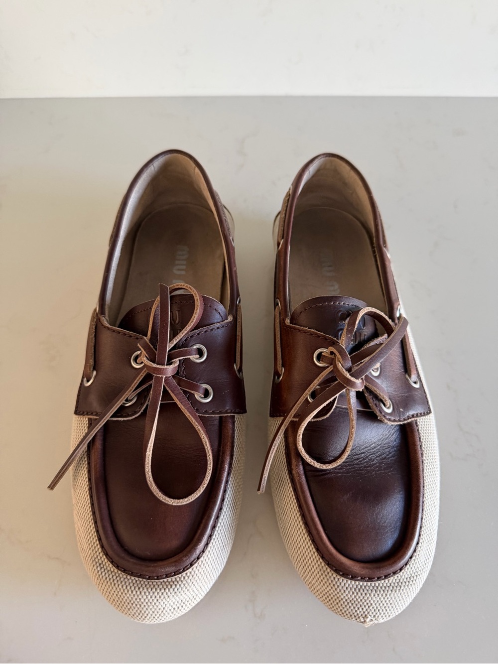 Authentic Miu Miu Canvas and Bleached Leather Boat Shoes